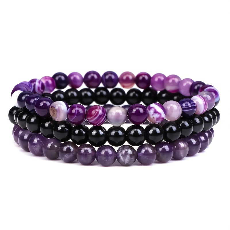 Men's & Women's 6mm Natural Stone Beads Bangle Bracelet Set